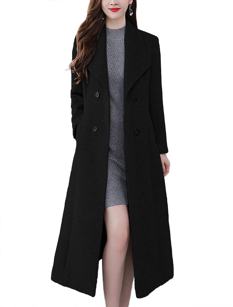 chouyatou Women's Chic Shawl Collar Work Double Breasted Maxi Long Wool Pea Coat | Amazon (US)