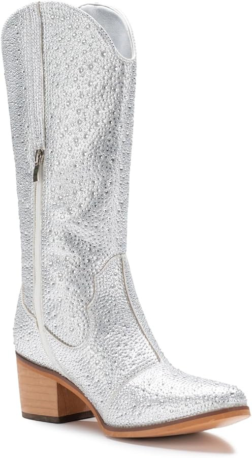 IUV Women Rhinestone Cowboy Boots Sparkly Western Cowgirl Boots Embroidered Knee High Chunky Heel... | Amazon (US)