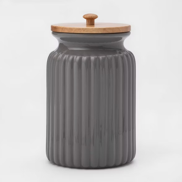 121oz Stoneware Ribbed Food Storage Canister with Wood Lid Gray - Threshold™ | Target