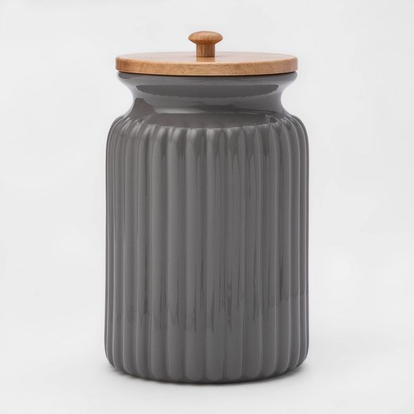 121oz Stoneware Ribbed Food Storage Canister with Wood Lid Gray - Threshold™ | Target