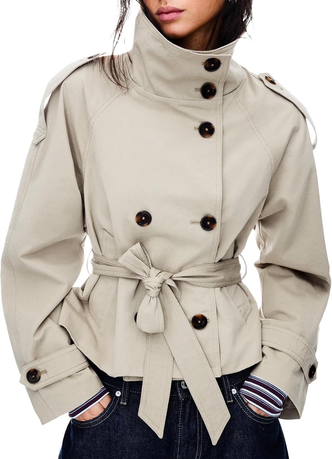 Women's Cropped Trench Coat Double Breasted Short Jacket High Collar Fall Winter Coats Trendy Outfit with Belt | Amazon (US)