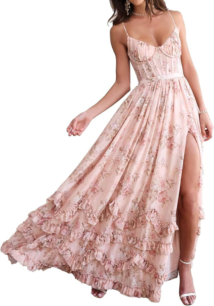 SHSUREVE Floral Print Prom Dresses for Women Ruffle Chiffon Evening Dress Tiered Long Formal Gown... | Amazon (US)