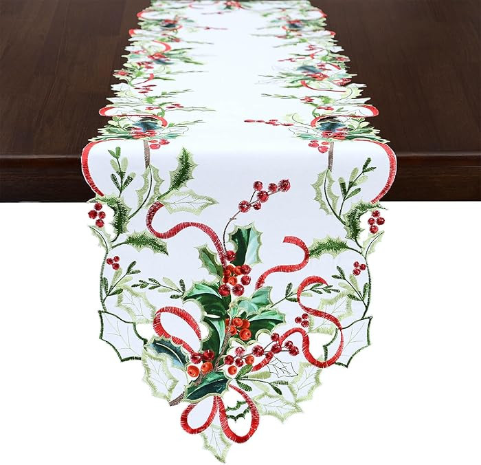 Grelucgo Embroidered Holly Leaves Table Runner for Christmas Holiday (14x70 inches) | Amazon (US)