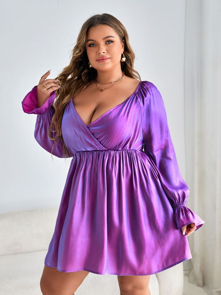 SHEIN SXY Plus Flounce Sleeve Overlap Collar Dress | SHEIN