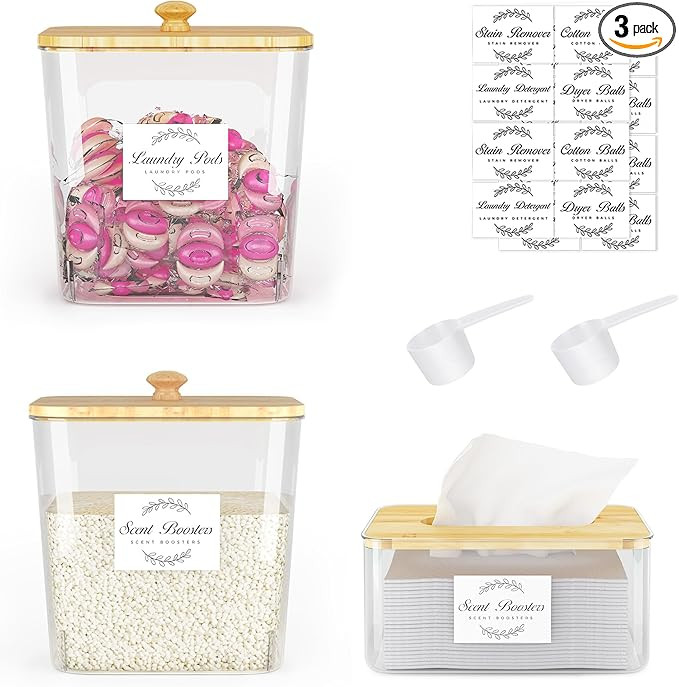 Laundry Room Organization and Storage, Laundry Pods Container and Dryer Sheet Holder with Bamboo ... | Amazon (US)