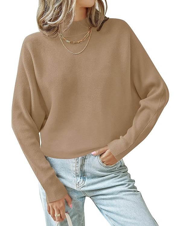 ZESICA Women's 2024 Fall Turtleneck Batwing Long Sleeve Ribbed Knit Casual Soft Pullover Sweater ... | Amazon (US)