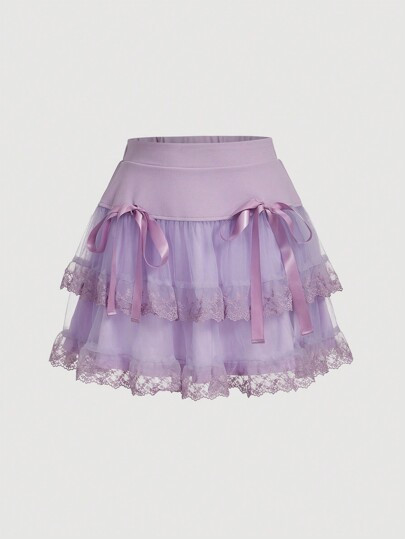 SHEIN MOD Women's Double-Layered Mesh Skirt With Bow Decoration And Ruffled Hem | SHEIN USA | SHEIN