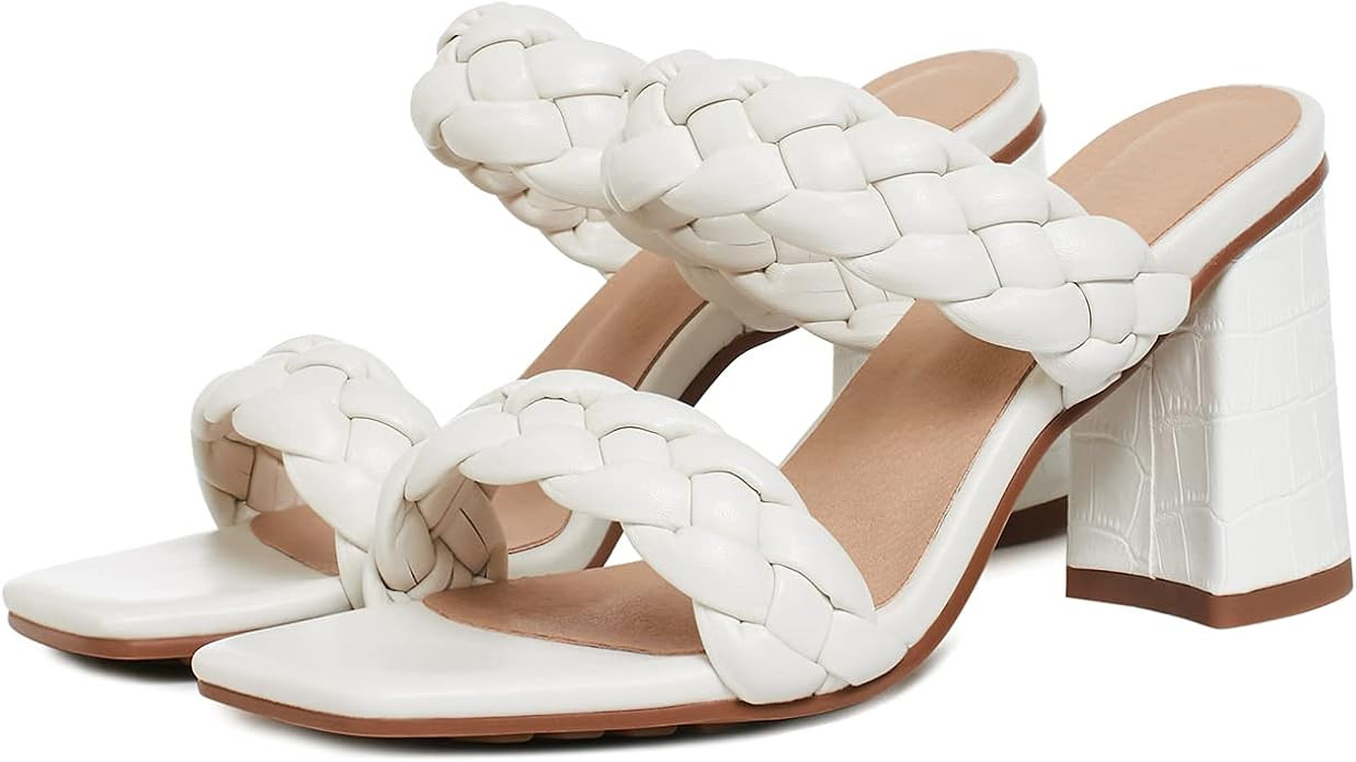 Women's Braided Heeled Sandals Square Open Toe Backless Block Double Straps Slip on Leather Strap... | Amazon (US)