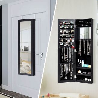 Costway Wall Door Mounted Mirrored Jewelry Cabinet Storage Organizer-Black | Target