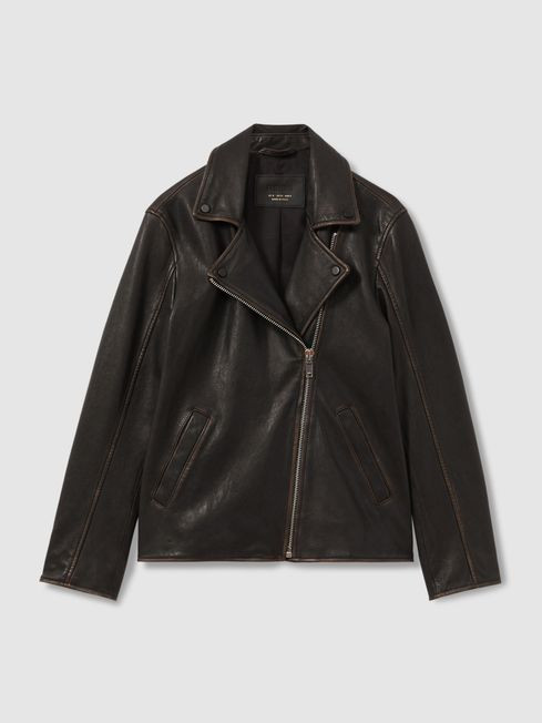 Beau Black Relaxed Leather Biker Jacket | Reiss US