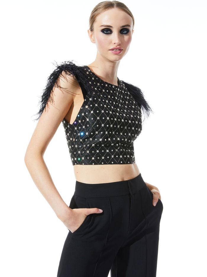 TAKISHA EMBELLISHED FLUTTER SLEEVE CROP TOP | Alice + Olivia