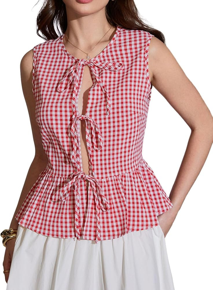 Verdusa Women's Gingham Plaid Peplum Blouse Y2K Bow Tie Sleeveless Going Out Tank Tops | Amazon (US)