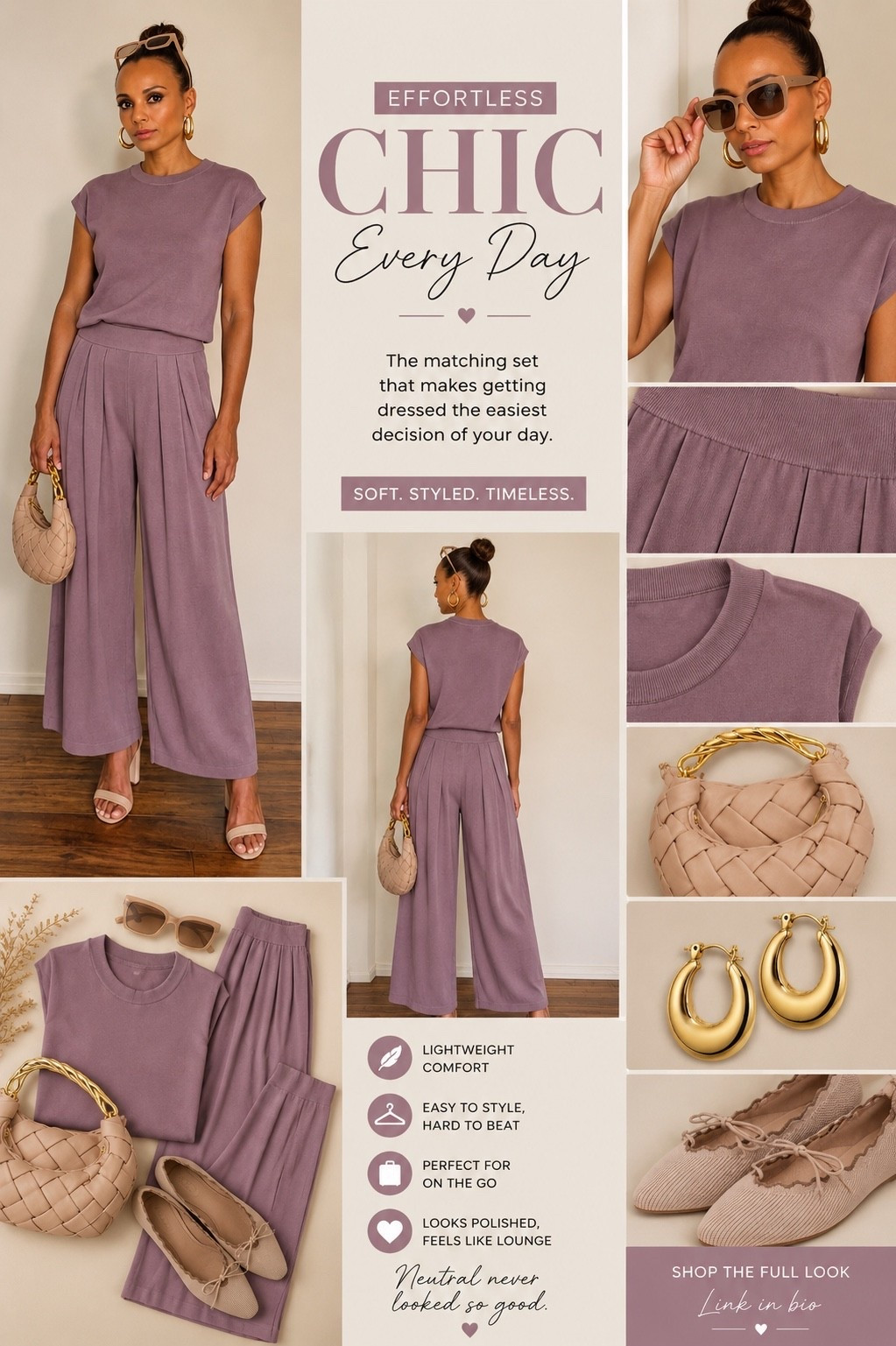 Effortless chic, every day 💜✨ This soft mauve matching set is giving polished comfort with zero effort. I love the wide-leg fit and relaxed top paired with neutral accessories, gold hoops, and chic flats.

Perfect for brunch, travel, errands, or any day you want to look put together without trying too hard.

Shop the full look on LTK 🤍

#LTKStyleTip #LTKFinds #MatchingSet #MauveStyle #EffortlessChic #ElevatedBasics #EverydayStyle #FashionInspo

#LTKootd #LTKgrwm #LTKOver40