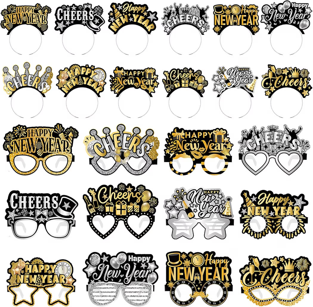 48 Pcs Happy New Year Party Favor 2026 Eyeglasses Headband Tiara Black Gold New Year Eve Party Su... | Amazon (US)