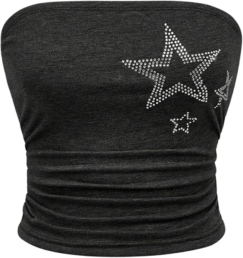 Floerns Women's Stars Rhinestone Sleeveless Strapless Ruched Cropped Tube Tops | Amazon (US)