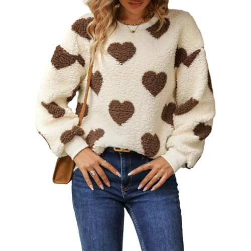 Women's Love Heart Pullover Sweaters Long Sleeve Crewneck Cute Sweater Knitted Casual Sweater(L Khaki,L) | Amazon (US)