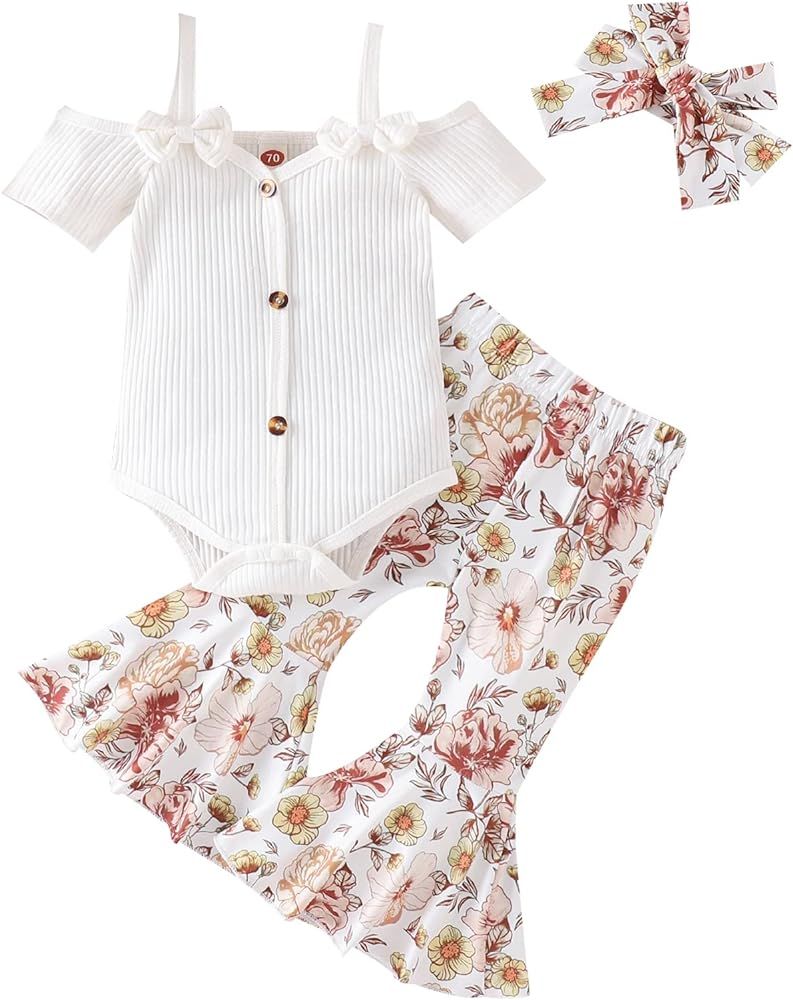 Fernvia Infant Baby Girl Clothes Suspenders Short Sleeve Ribbed Romper Flared Pants Set Headband ... | Amazon (US)