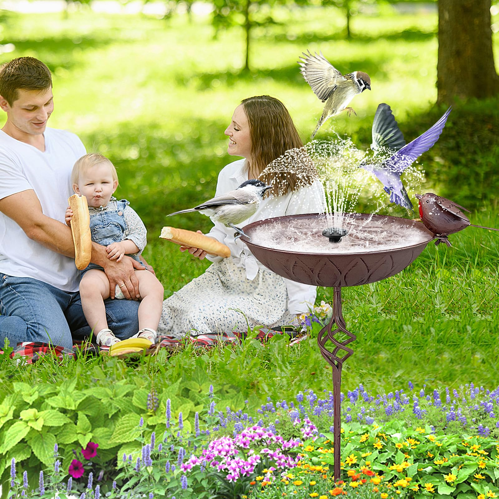 Metal Bird Bath for Outside,Hand-Painted Outdoor Birds Baths Water Bowl with Stake for Garden Pat... | Amazon (US)