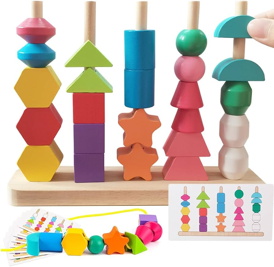Montessori Wooden Matching Beads Sequencing Toy Set, Stacking Blocks Toy & Shapes Colors Sorter &... | Amazon (US)