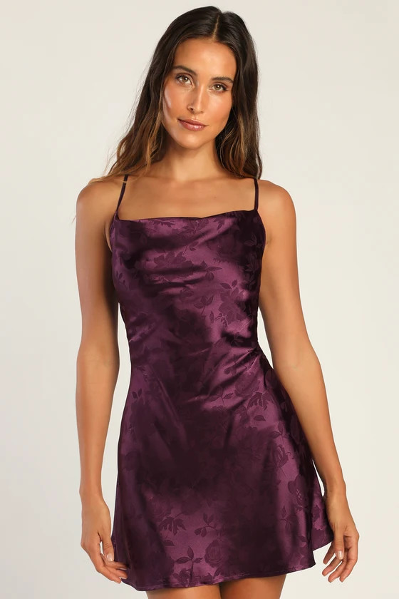 Close to Your Heart Plum Purple Satin Jacquard Cowl Slip Dress | Lulus