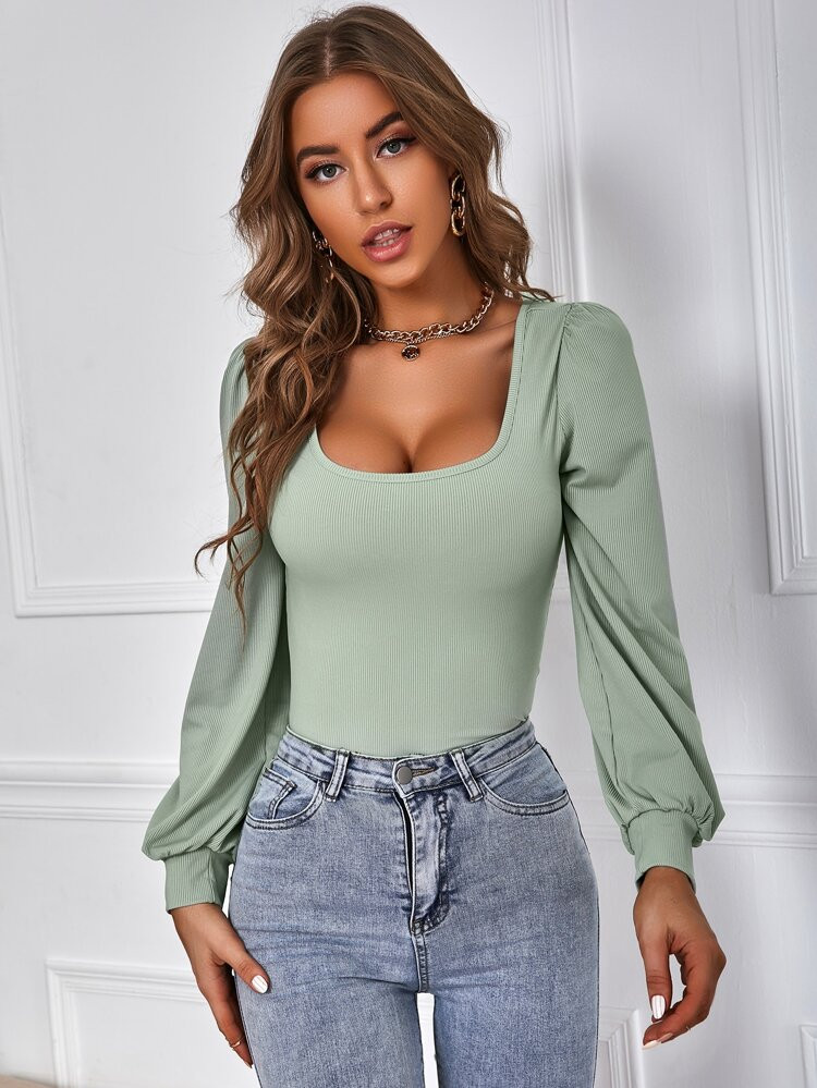 Scoop Neck Bishop Sleeve Tee | SHEIN