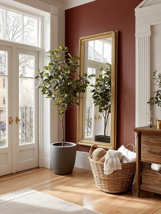 Don't be afraid of bold walls. Just don't paint every wall.

One of our favorite design techniques is creating an accent wall. It allows you to introduce rich, dramatic color without overwhelming the room.

This deep burgundy wall instantly adds warmth, character, and timeless elegance. Pair it with an oversized antique gold mirror, and the contrast becomes even more striking. The mirror reflects natural light, makes the room feel larger, and creates a beautiful focal point.

Complete the look with a large indoor tree. The greenery softens the bold wall, bringing nature into the space and creating the perfect balance between warmth and freshness.

Three simple elements—a bold accent wall, an antique gold mirror, and a sculptural indoor tree—can completely transform an ordinary corner into one of the most beautiful spaces in your home.

Browse our curated collection of antique gold mirrors and oversized indoor trees to recreate this timeless look.

Because great design isn't about filling a room—it's about creating one unforgettable focal point.

#AccentWall #GoldMirror #IndoorTrees #ElegantAndDriven 

 #LTKHome