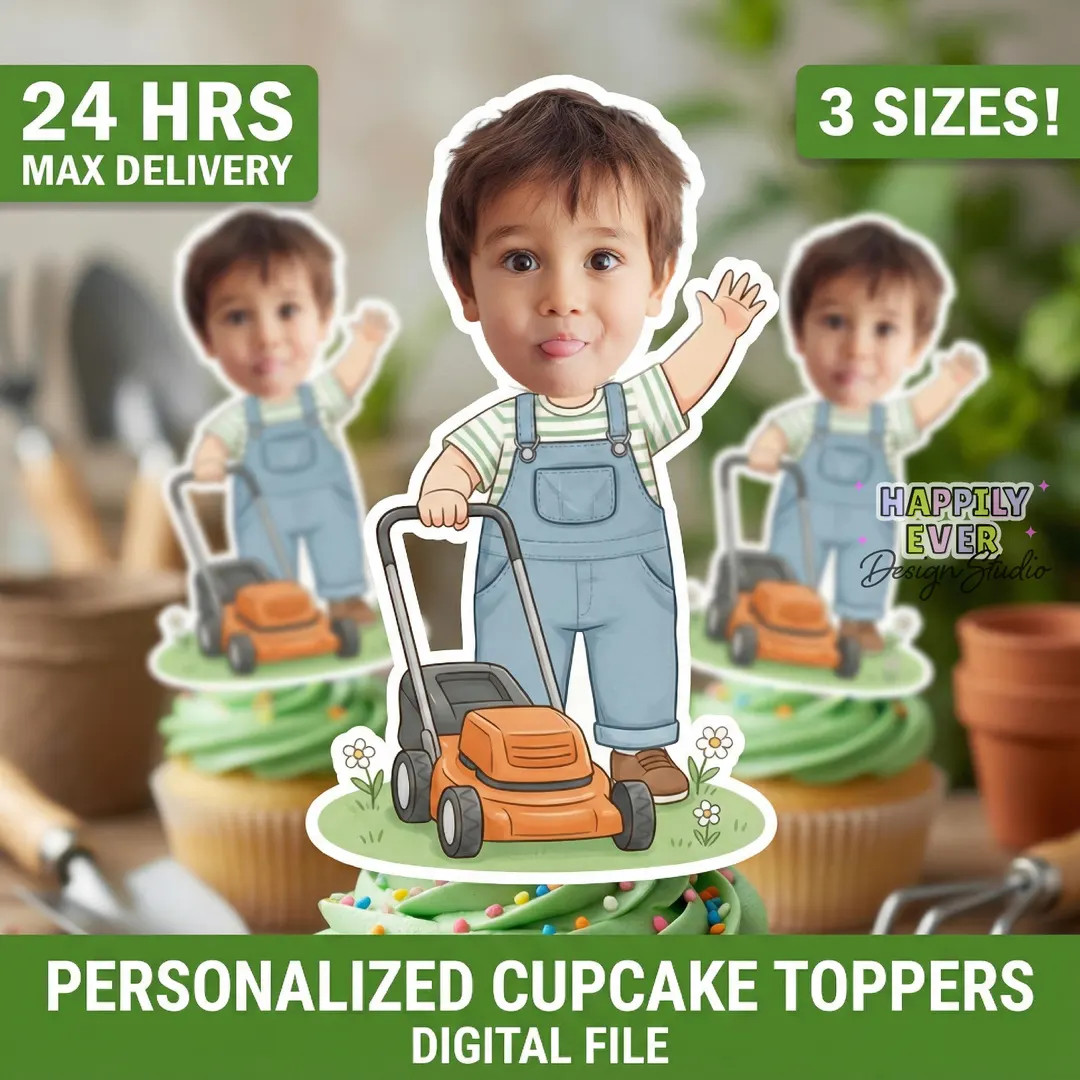 Lawn Mower Personalized Cupcake Toppers, Lawn Mower Face Topper Birthday Decor, Mowsy On Over Par... | Etsy (US)