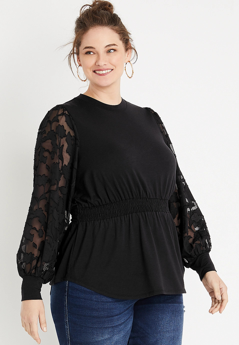 Plus Size Black Sheer Sleeve Smocked Top | Maurices