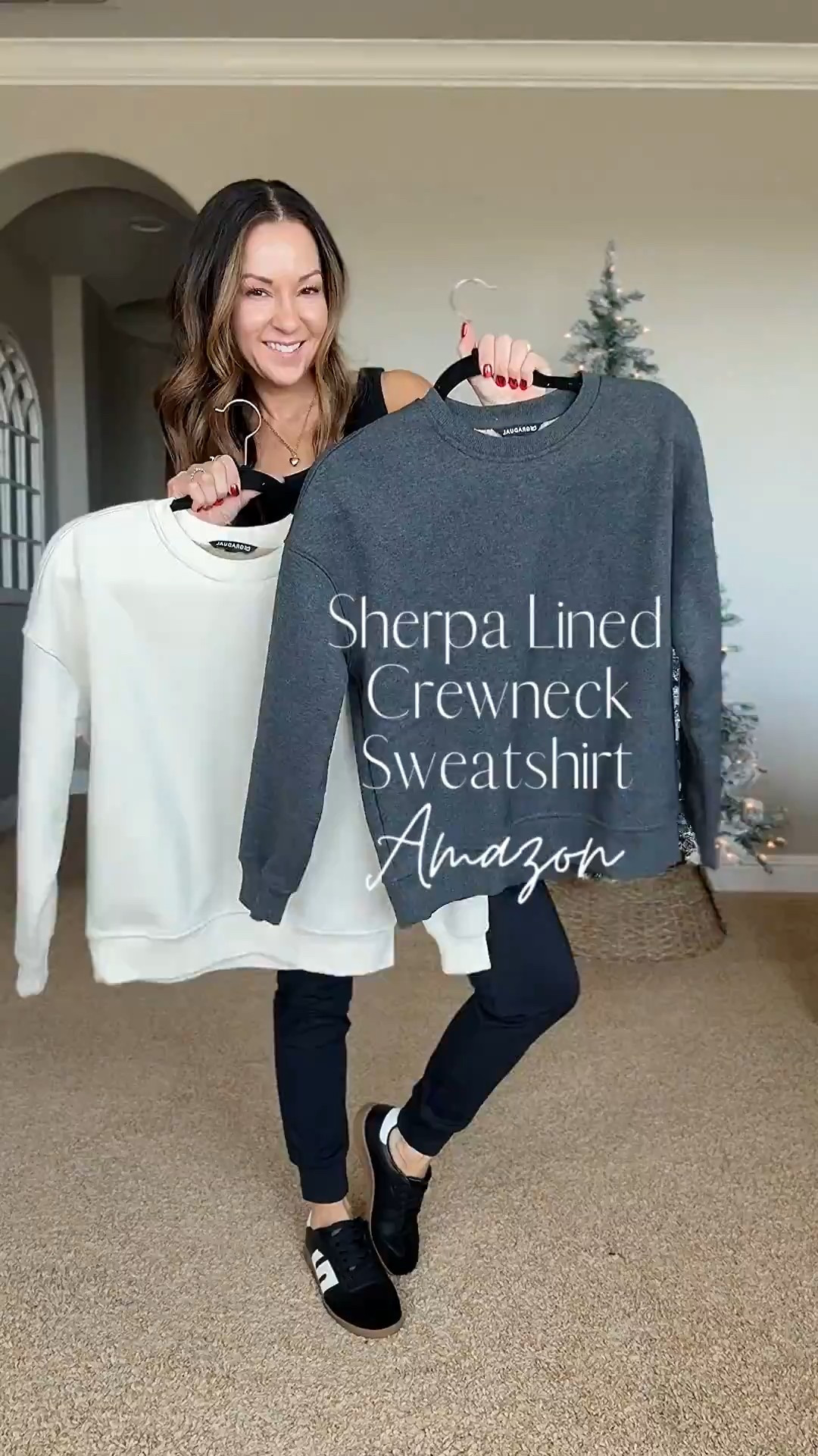 Sherpa Crewneck Sweatshirt XS in off white and dark heather grey, Fleece lined joggers with zipper pockets in XS black, Vest small in camel. For reference: I'm 5'1", 110lbs. Winter outfit, petite over 50 fashion

#LTKSeasonal #LTKFindsUnder50 #LTKPetite