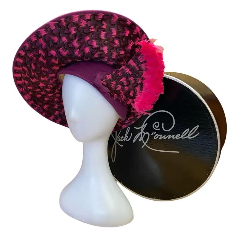 1960s Jack McConnell Tilt Hat \u2013 Fuchsia Velour w/ Feather Trim & Box | Etsy (Global)