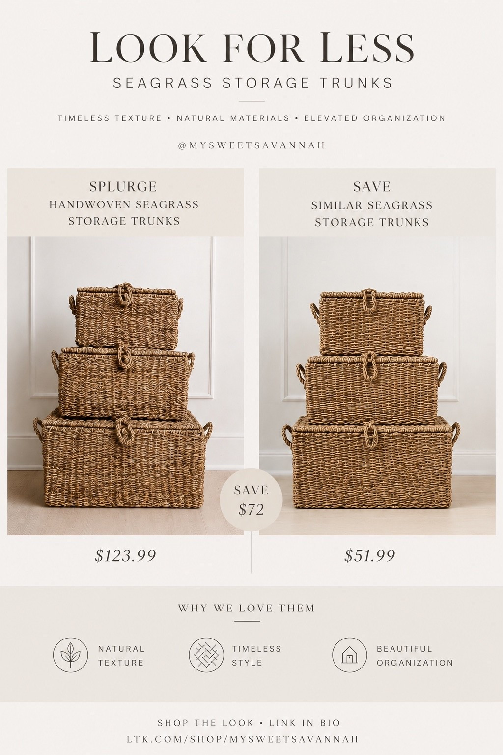 Rustic RH Look for Less

Love the texture and elevated look of these woven seagrass trunks. Sharing a designer-inspired storage find that gives the same warm, layered RH feel for less. Perfect for styling shelves, coffee tables, entry consoles, guest rooms, or hiding everyday clutter while still looking beautiful

#LTKSaleAlert #LTKHome