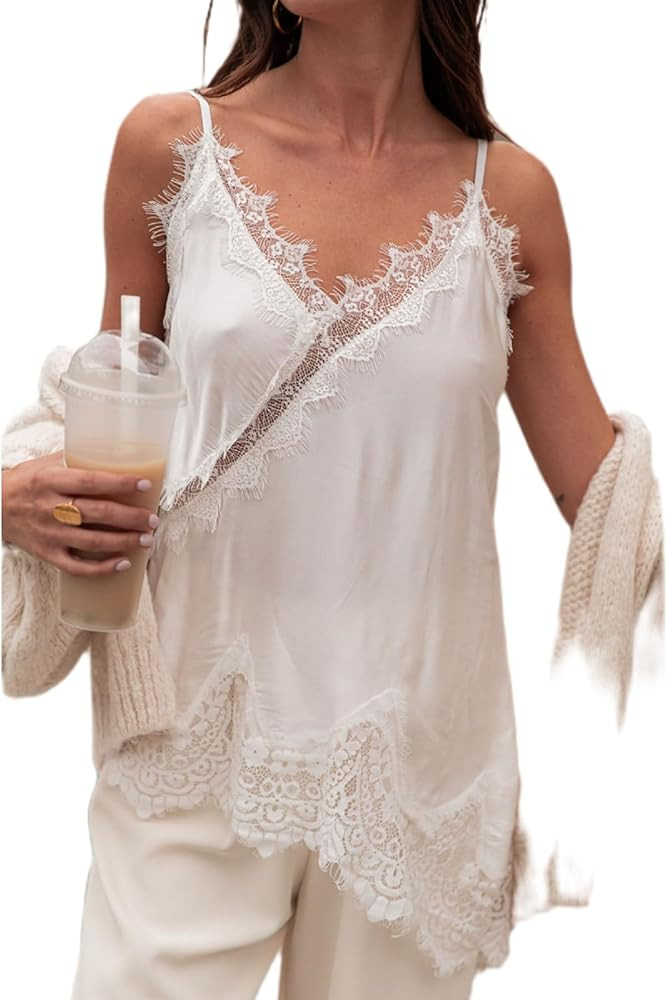 Silk Lace Trim Camisole Tops for Women Satin Layering Asymmetrical Tops Lace Patchwork Cami Tank ... | Amazon (US)