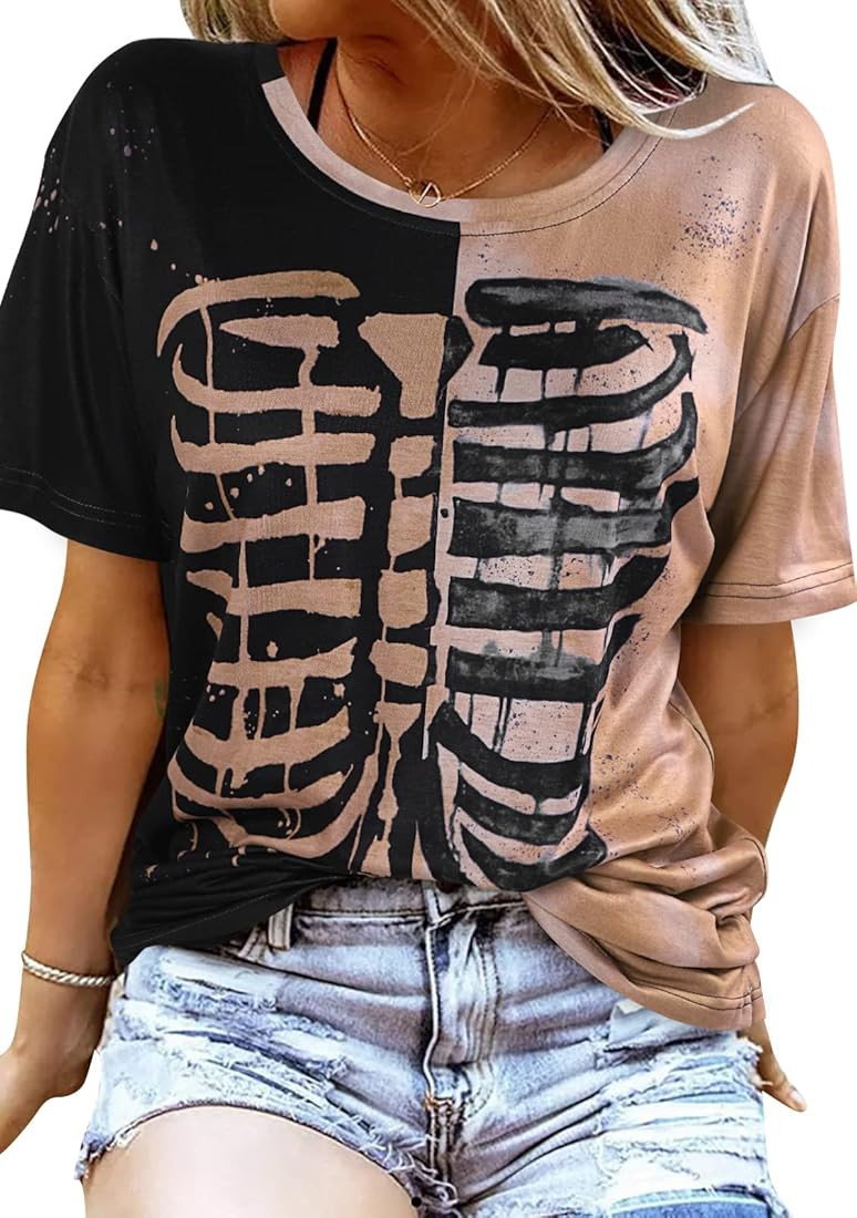 Skeleton Shirts Women Halloween Vintage Skeleton Graphic T Shirts Tops Casual Horror Shirts | Amazon (US)