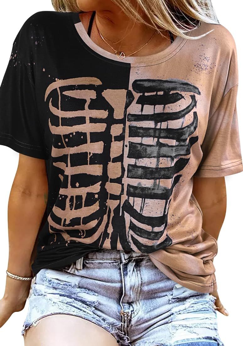Skeleton Shirts Women Halloween Vintage Skeleton Graphic T Shirts Tops Casual Horror Shirts | Amazon (US)
