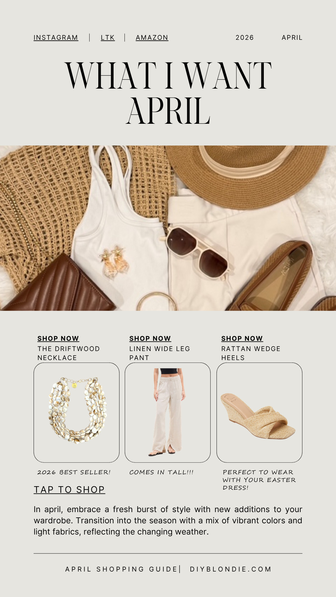 What I’m loving for April 🤍

Light fabrics, neutral tones, and pieces that are easy to mix + match for the new season. These are the kinds of staples that make getting dressed feel effortless while still looking put together ✨

A few favorites include a best-selling statement necklace, linen wide leg pants (that come in tall 🙌), and the perfect rattan wedges for spring.

Linking everything + similar options! 

 #LTKOver40 #LTKMidsize #LTKWorkwear