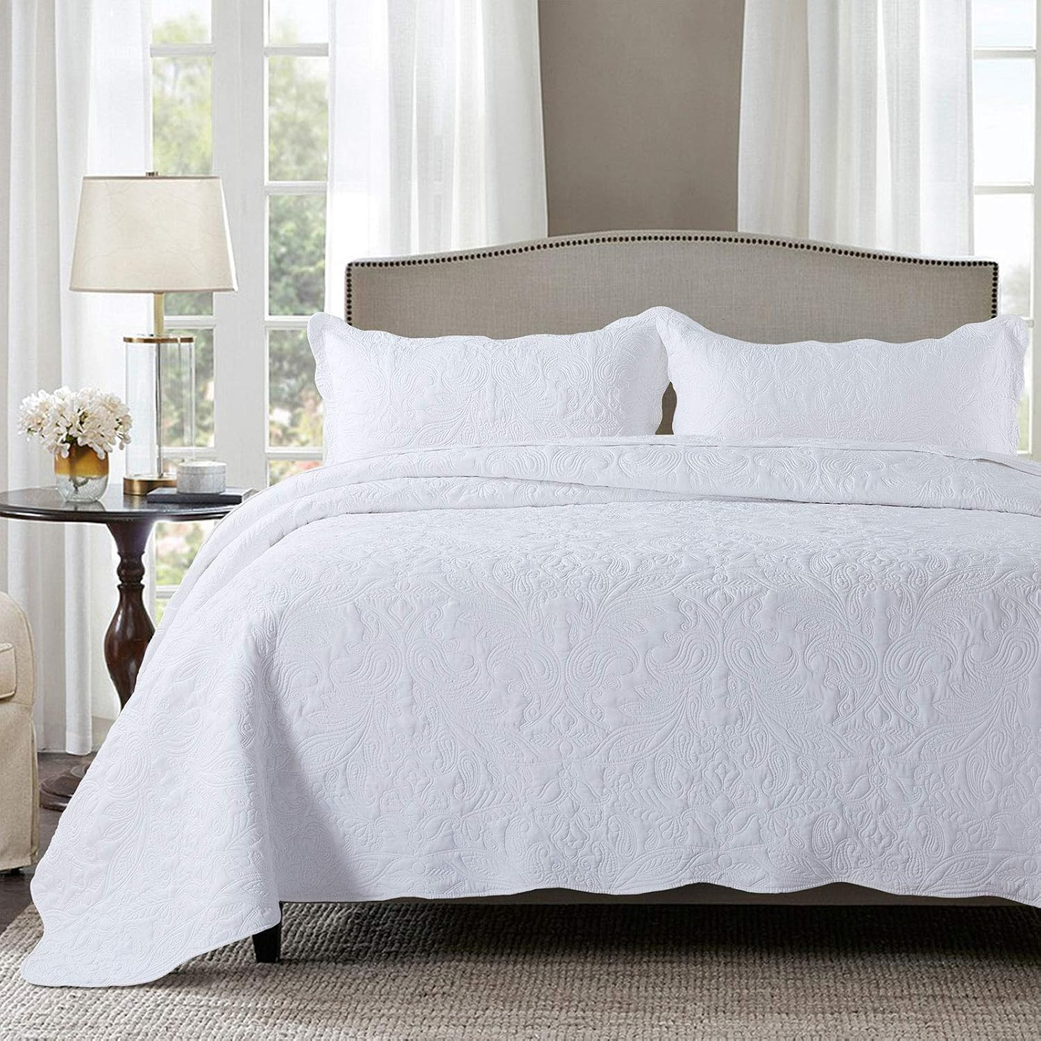 HoneiLife Quilt Set King Size - 3 Piece Embroidered Microfiber Bedspread Reversible Coverlet Lightweight Bedcover Paisley Pattern Bedding Set All Season Quilts-White | Amazon (US)