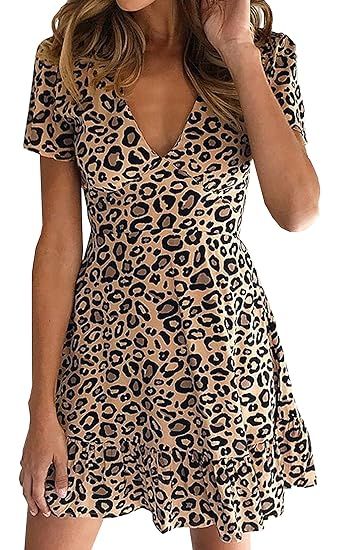 ECOWISH Womens Deep V Neck Floral Leopard Dress Short Sleeve Sexy Ruffles Fashion Mini Dress | Amazon (US)