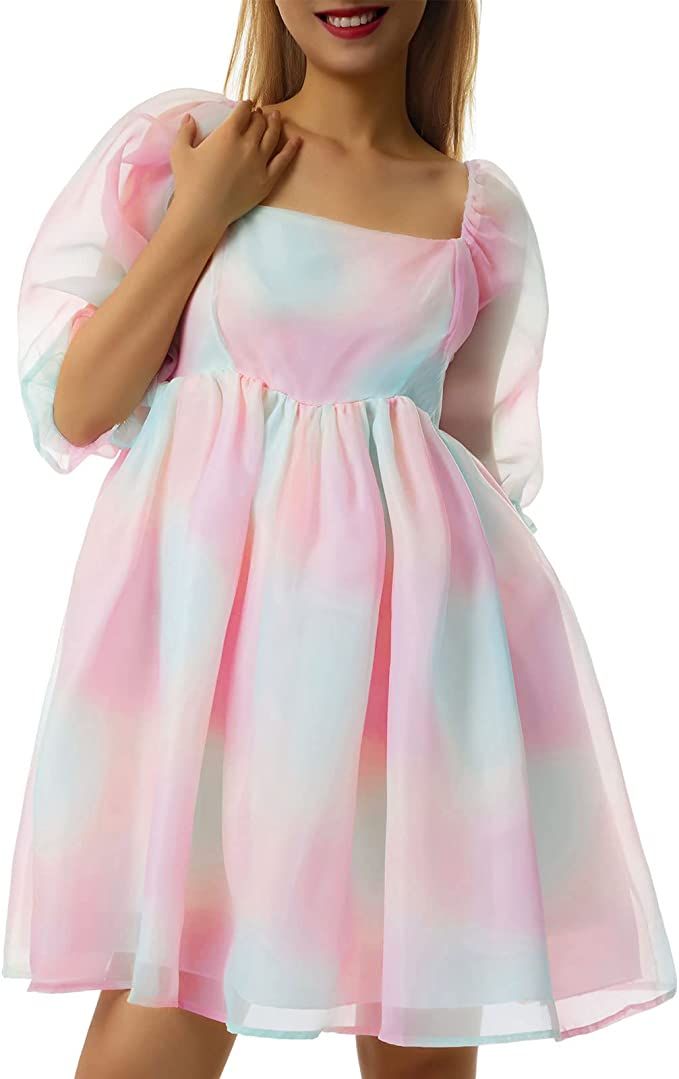 Women's Puff Sleeve Tulle Princess Dress Off Shoulder Square Neck Fairy Mini Dress Tie Dye Party ... | Amazon (US)