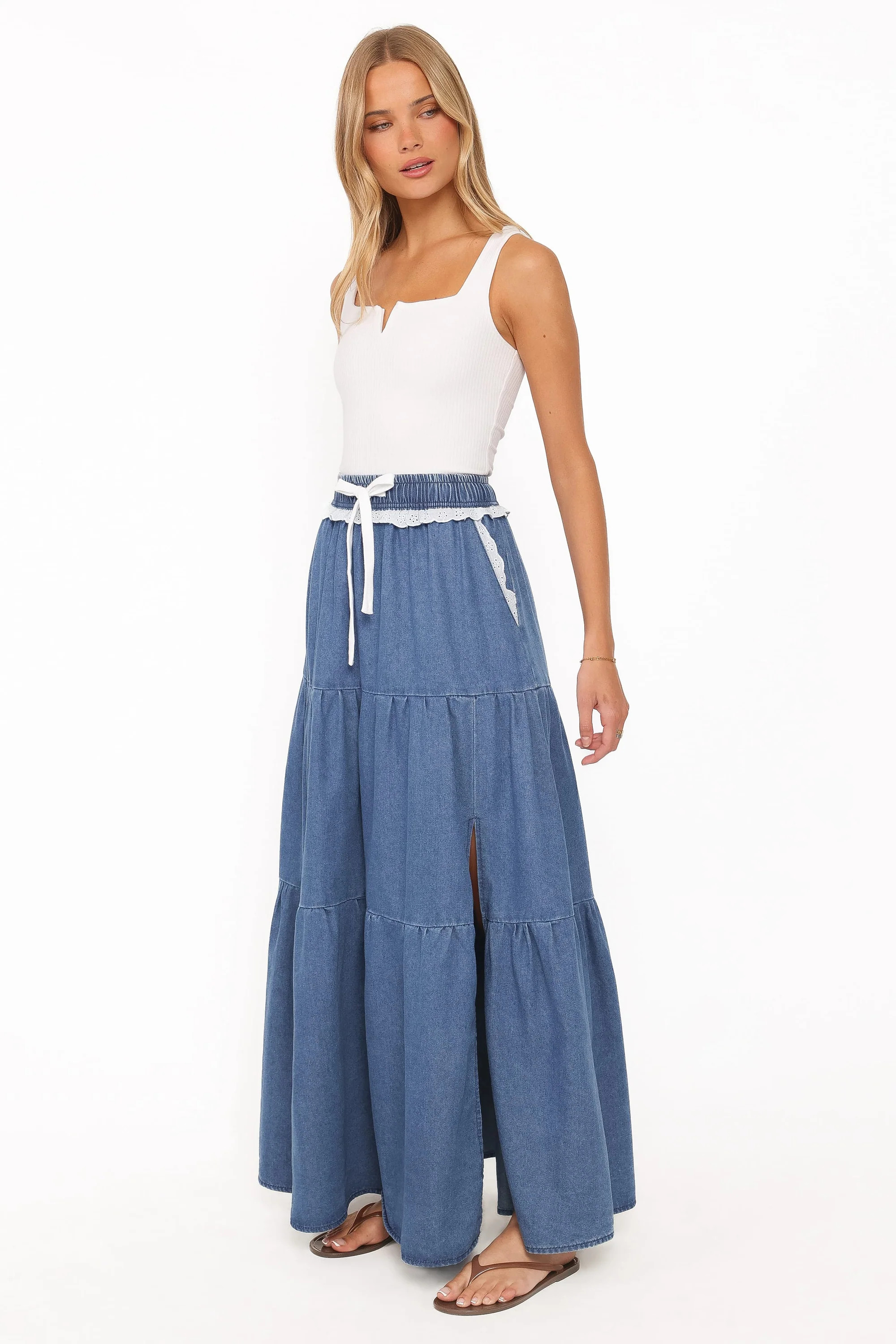 Scout Tiered Denim Maxi Skirt - Medium Wash | Petal & Pup (US)