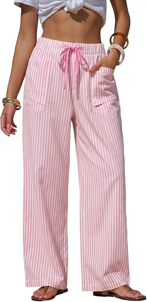 EXLURA Womens Summer Striped Pants Faux Linen Comfy Drawstring Wide Leg Pants Pockets Resort Beac... | Amazon (US)