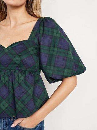 Puff-Sleeve Plaid Poplin Peplum Top | Old Navy (US)