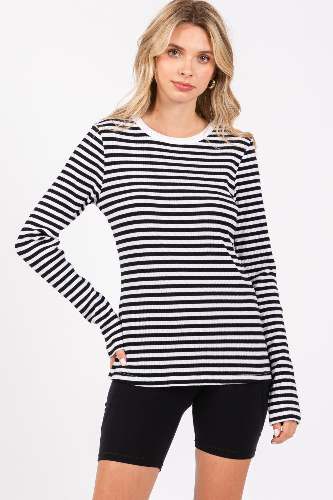 Black Striped Long Sleeve Ribbed Top | PinkBlush Maternity
