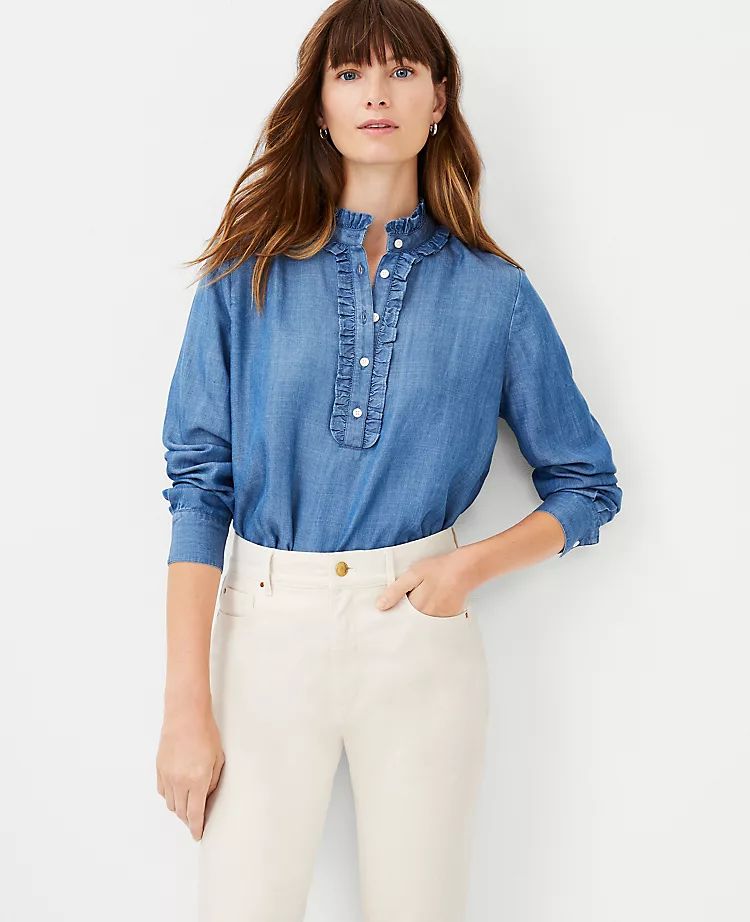 Chambray Ruffle Neck Popover | Ann Taylor (US)