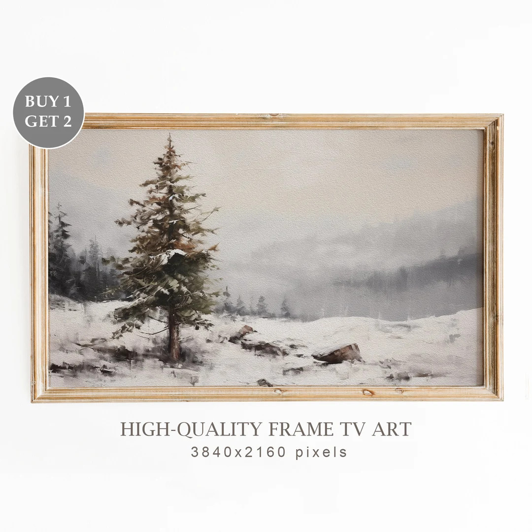 Chritmas TV Frame Art Snowy Landscape Oil Painting Moody Oil - Etsy | Etsy (US)