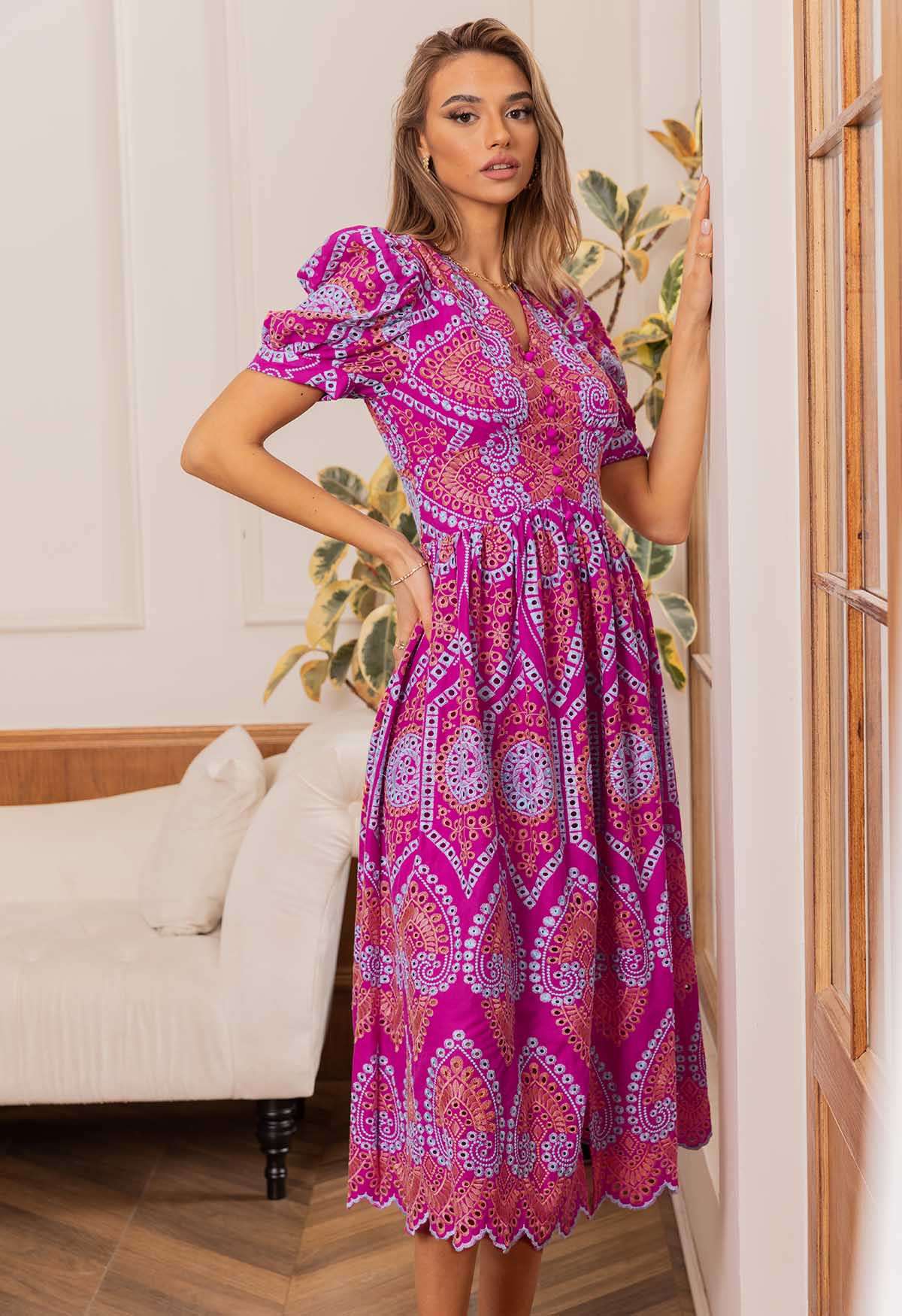 Exotic Garden Cutwork Embroidery Midi Dress | Chicwish