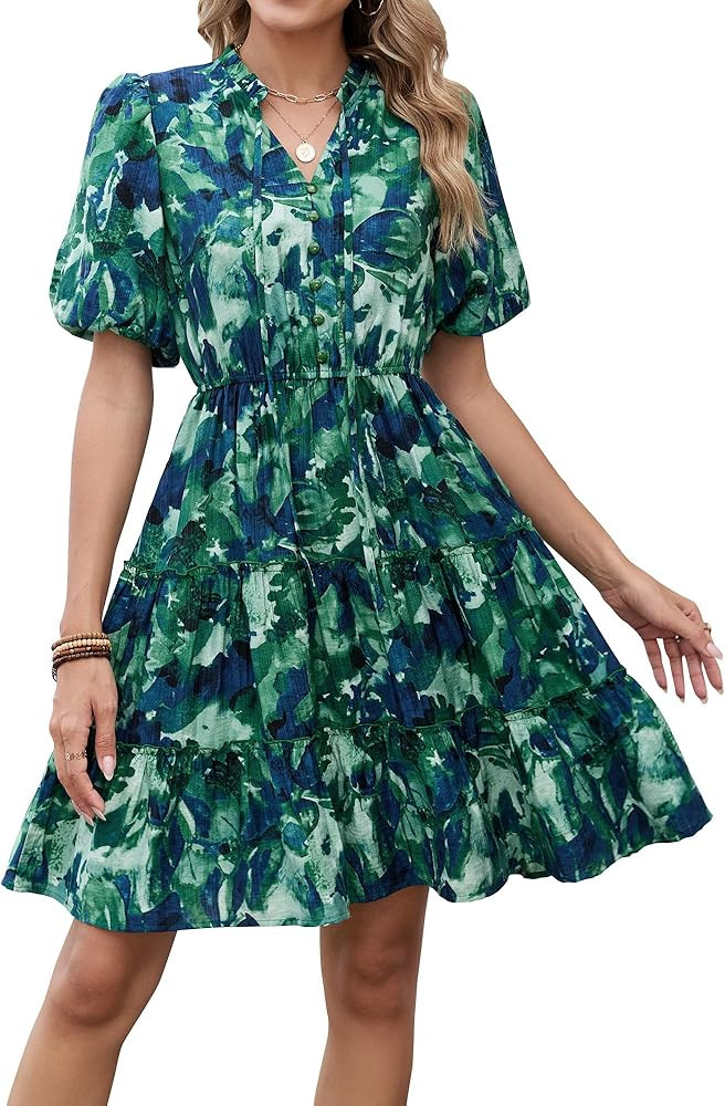 BTFBM Women Summer Floral Short Dresses V Neck Short Sleeve Tiered Ruffle Boho Swing Dress A-Line... | Amazon (US)