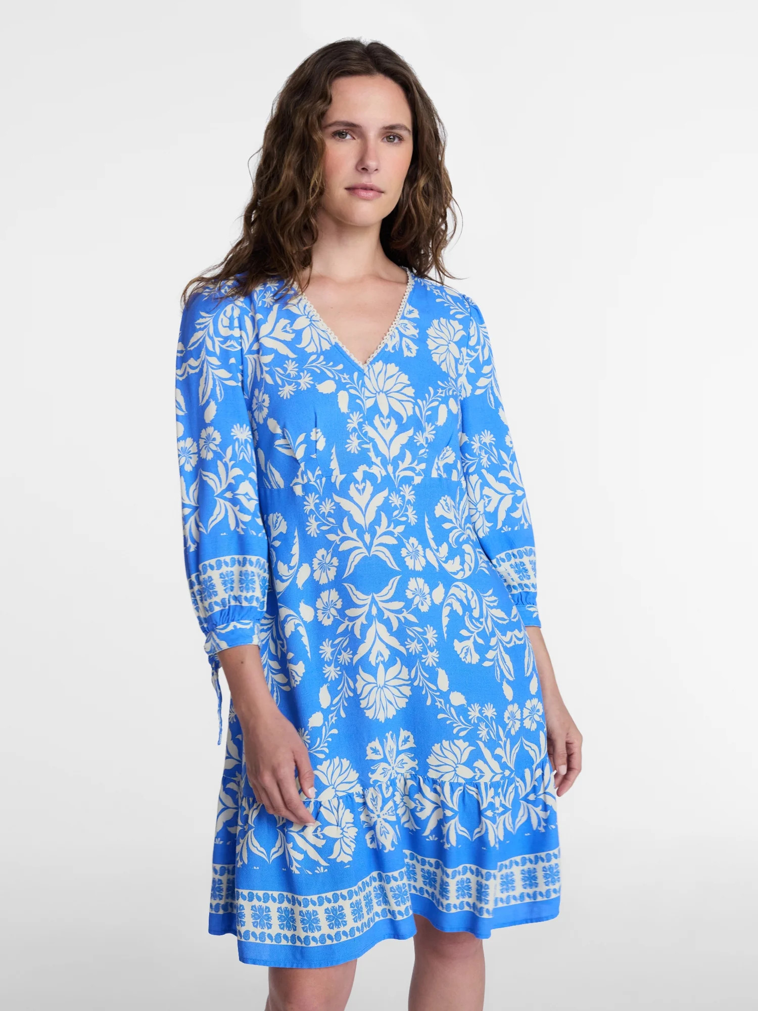 Time and Tru Women's Linen-Blend Border Print Mini Dress, Sizes XS-XXXL | Walmart (US)