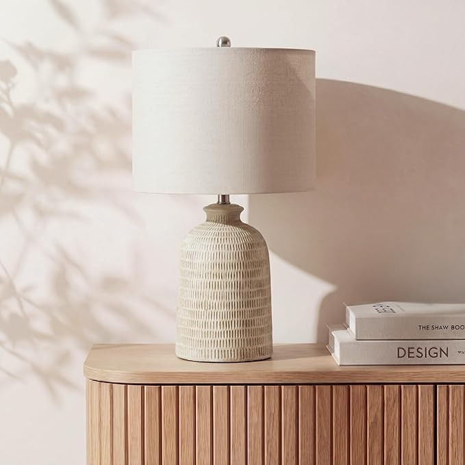 Nourison Home 24" Natural Beige Textured Ceramic Table Lamp with Tan Linen Shade, Farmhouse Accen... | Amazon (US)
