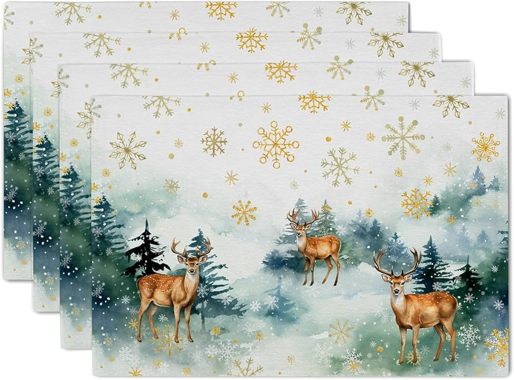 Watercolor Deer Winter Placemats Set of 4 Winter Forest Place Mats 12 x 18 Inch Waterproof Trees ... | Amazon (US)