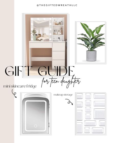 Gift idea for teen daughters. Makeup vanity mirror and desk with drawers. Acrylic storage organizers, portable mini skincare fridge, faux desk plant. 

#LTKGiftGuide #LTKHoliday #LTKhome
